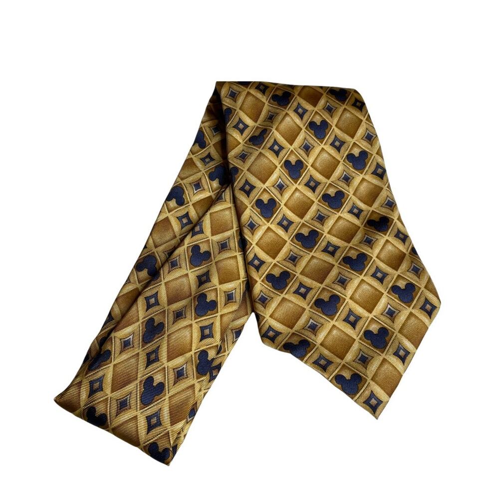 Disney Mickey Mouse Silk Necktie Gold Navy Blue Diamond Lattice Character Tie‎